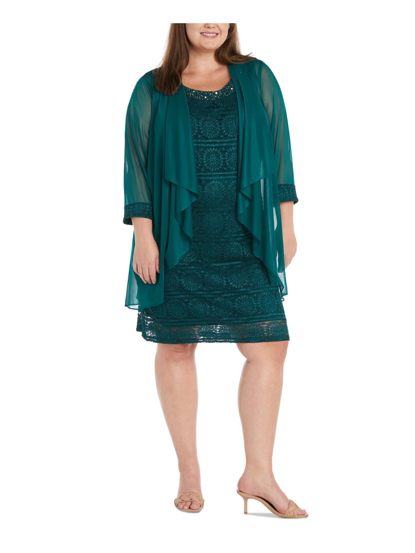 R&M RICHARDS WOMAN Womens Green Ruffled Sheer Lace Trim 3/4 Sleeve Open Front Evening Cardigan Plus 20W