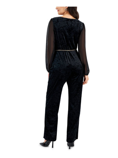 CONNECTED APPAREL Womens Black Zippered Sheer Long Sleeves Chain Belt Round Neck Party Wide Leg Jumpsuit Petites 8P