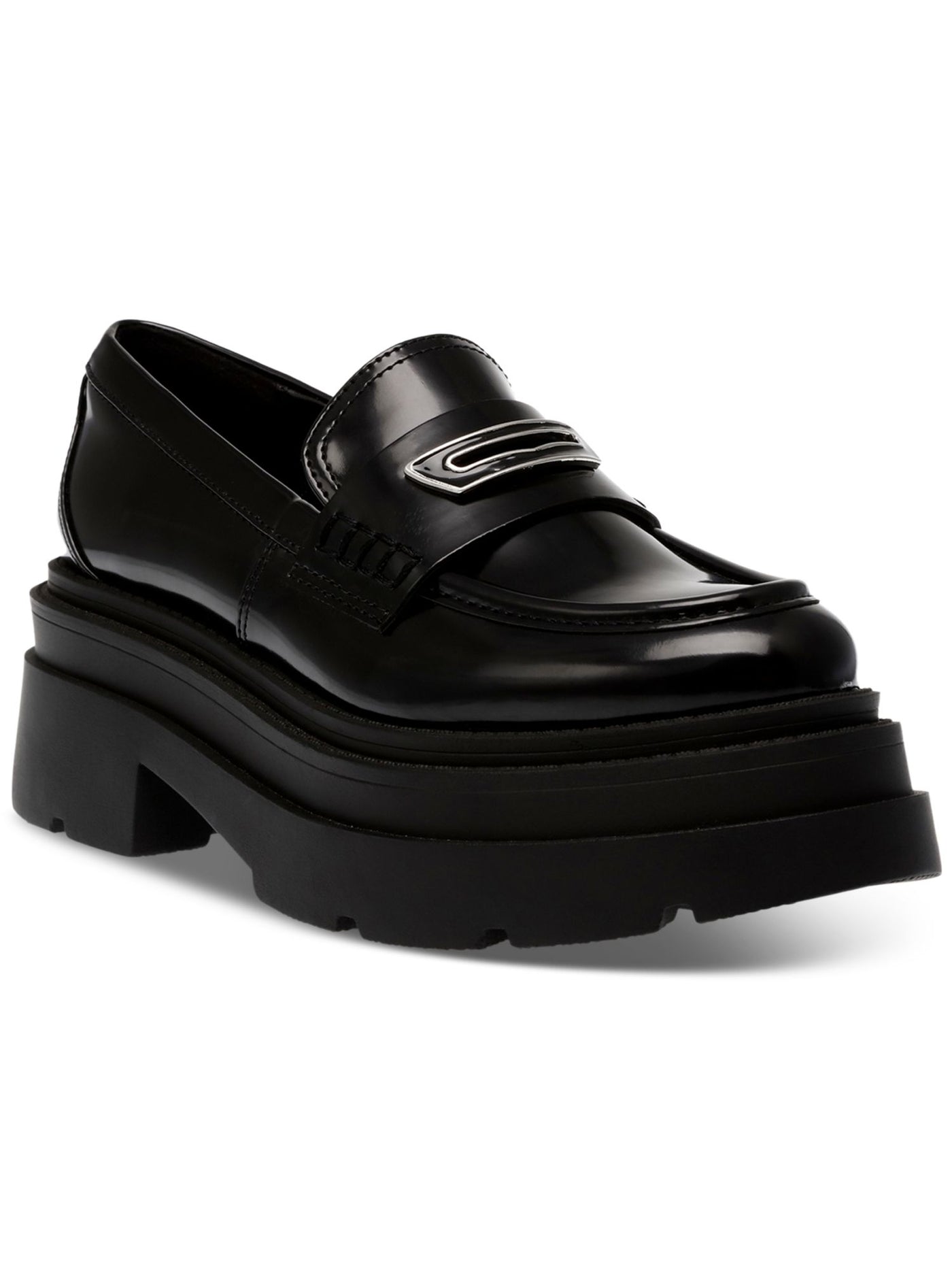 WILD PAIR Womens Black 1-1/2" Platform Hardware Accent Lug Sole Padded Nelley Round Toe Block Heel Slip On Heeled Loafers 9 M