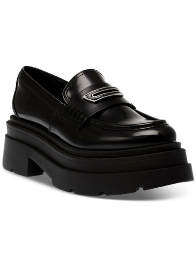 WILD PAIR Womens Black 1-1/2" Platform Hardware Accent Lug Sole Padded Nelley Round Toe Block Heel Slip On Heeled Loafers 9 M