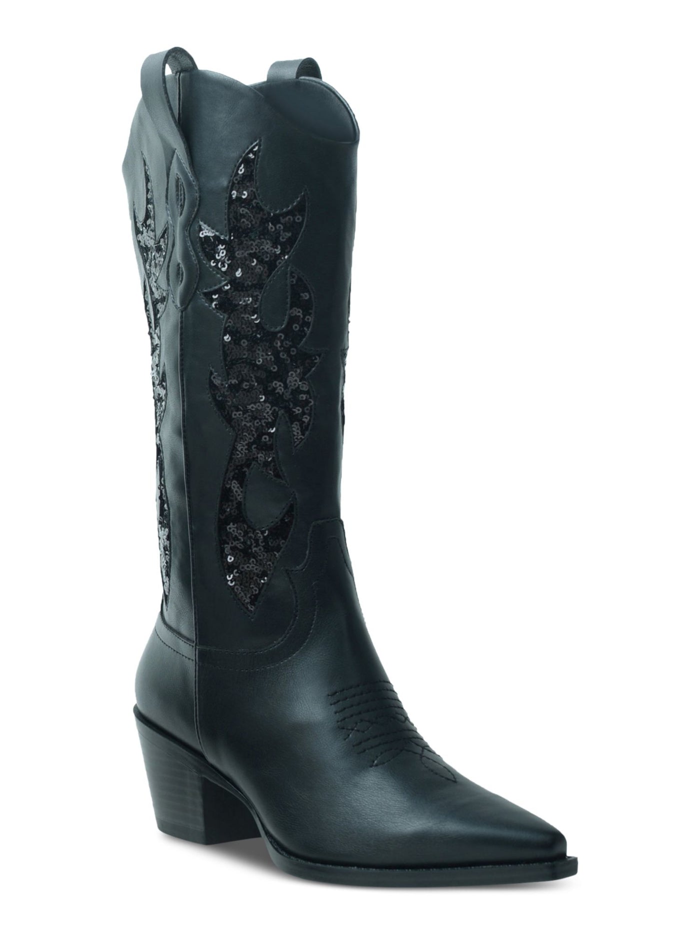 WILD PAIR Womens Black Mixed Media Decorative Stitching Side Pull-Tabs Sequined Padded Lucah Pointed Toe Stacked Heel Zip-Up Western Boot 6.5 M