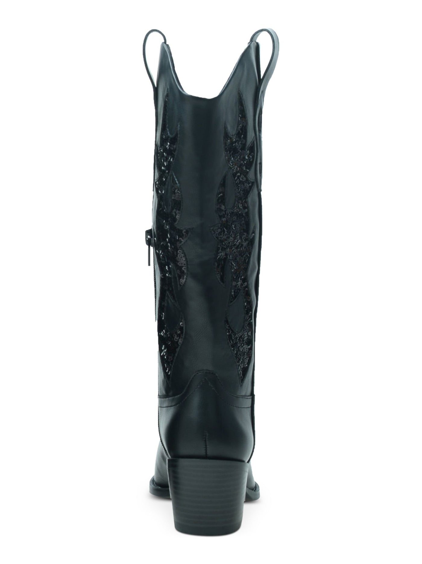 WILD PAIR Womens Black Mixed Media Decorative Stitching Side Pull-Tabs Sequined Padded Lucah Pointed Toe Stacked Heel Zip-Up Western Boot 6.5 M
