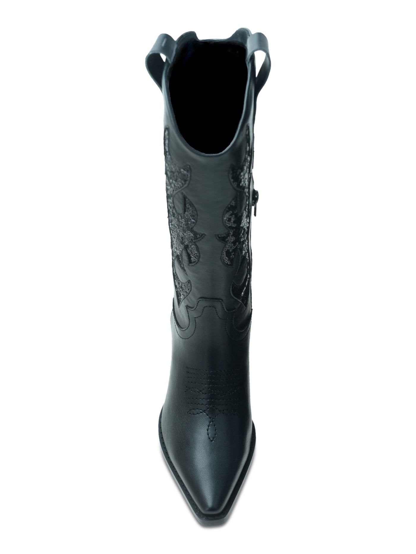 WILD PAIR Womens Black Mixed Media Decorative Stitching Side Pull-Tabs Sequined Padded Lucah Pointed Toe Stacked Heel Zip-Up Western Boot 6.5 M