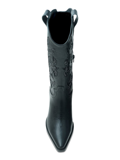 WILD PAIR Womens Black Mixed Media Decorative Stitching Side Pull-Tabs Sequined Padded Lucah Pointed Toe Stacked Heel Zip-Up Western Boot 6.5 M