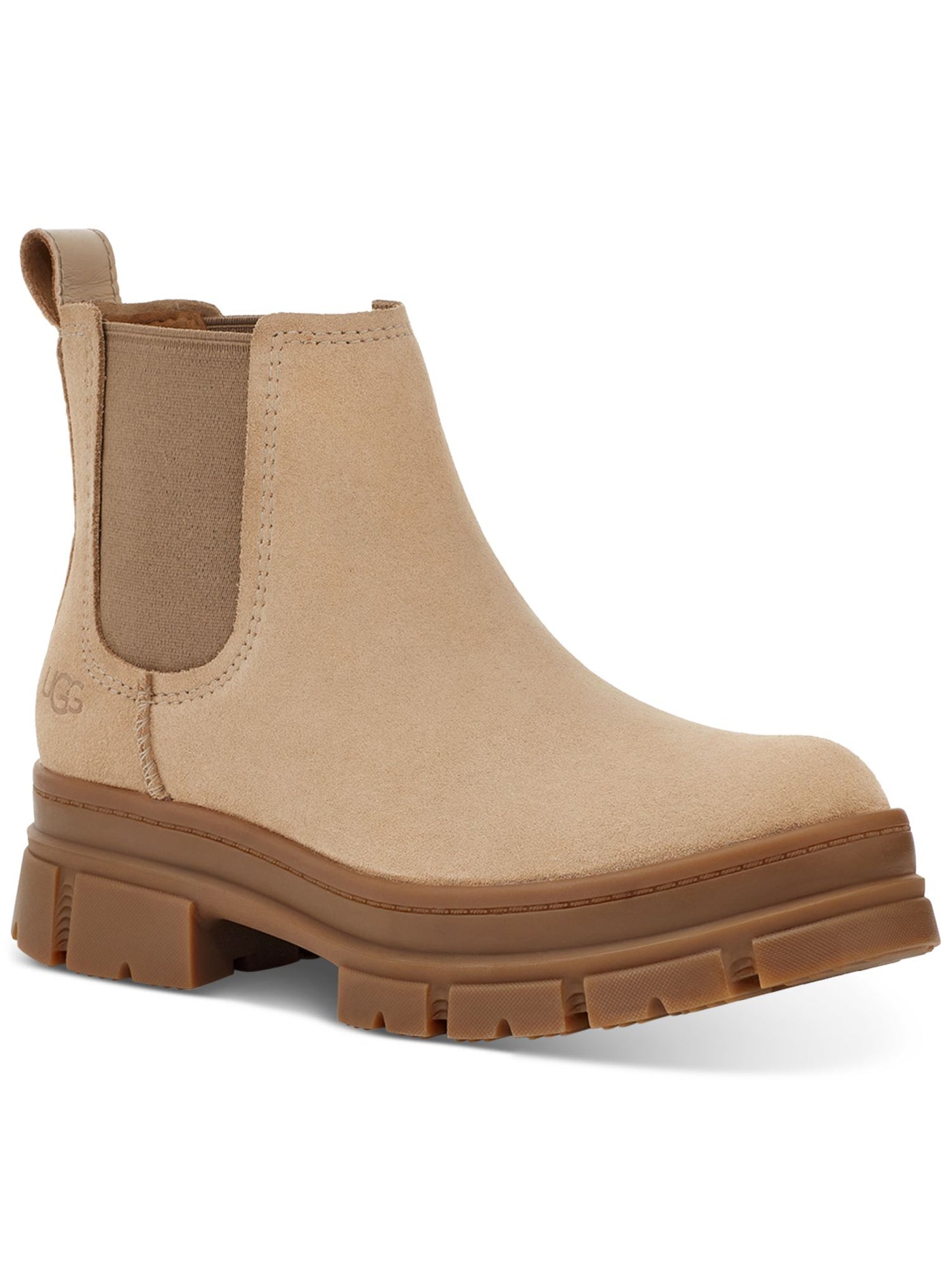 UGG Womens Beige 2" Platform Side Goring Back Pull-Tab Lug Sole Waterproof Ashton Round Toe Block Heel Slip On Chelsea Boot 5.5