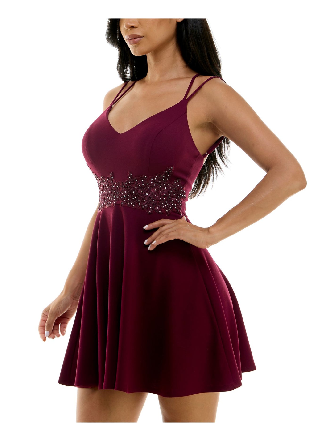 B DARLIN Womens Burgundy Zippered Embroidered Applique Waist Sleeveless V Neck Short Party Fit + Flare Dress Juniors 11\12