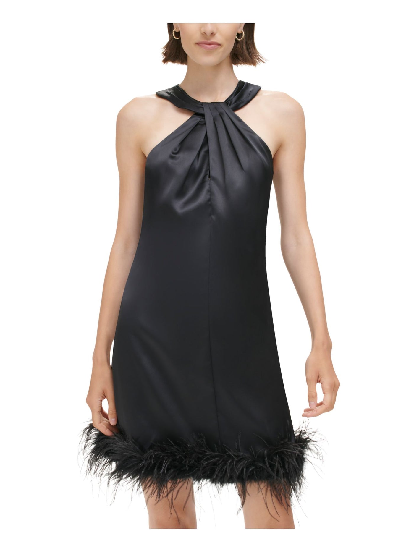 ELIZA J Womens Black Pleated Zippered Twisted Halter Neck Feather Trim Sleeveless Short Party Shift Dress 4