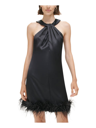 ELIZA J Womens Black Pleated Zippered Twisted Halter Neck Feather Trim Sleeveless Short Party Shift Dress 4