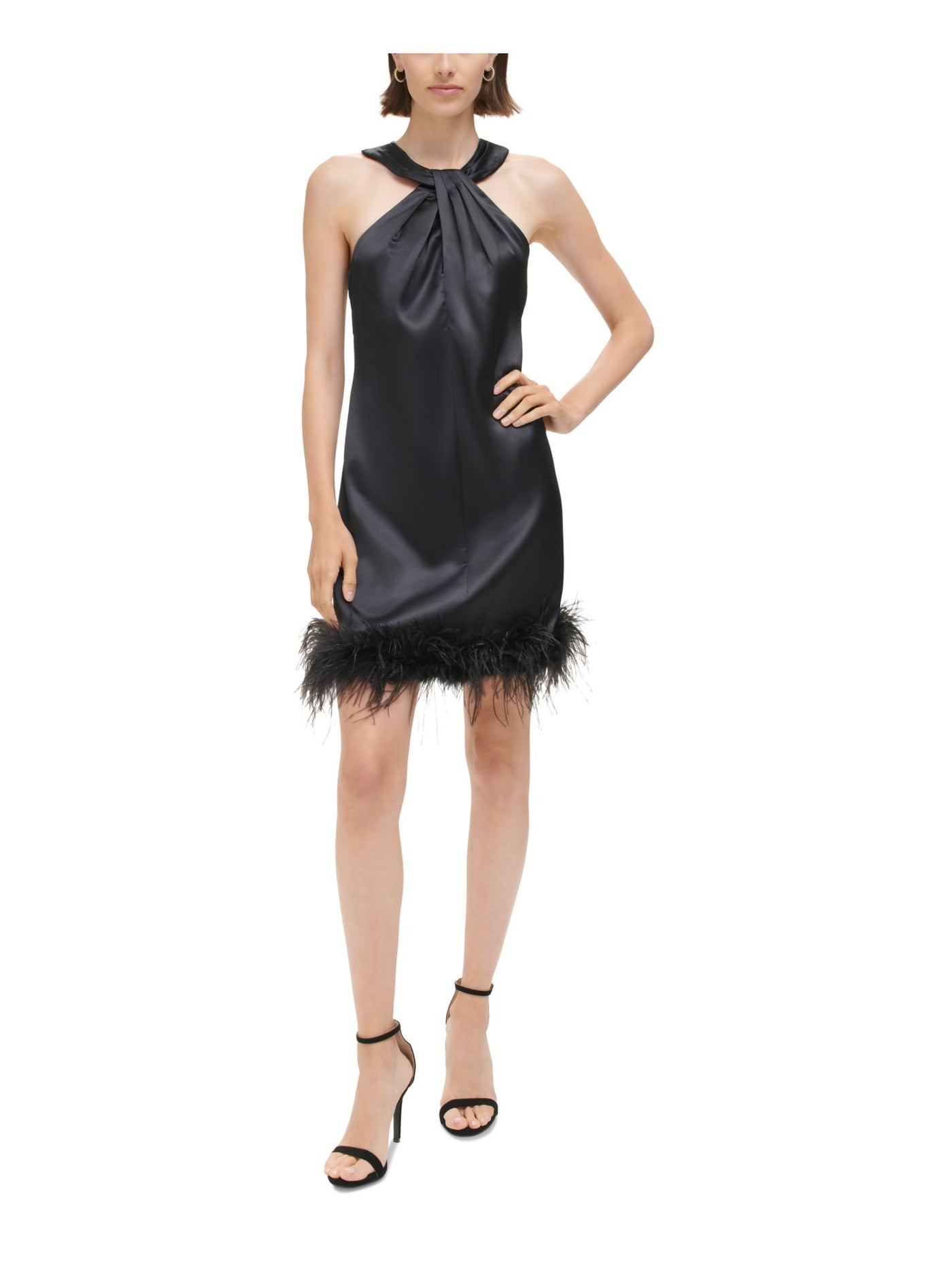 ELIZA J Womens Black Pleated Zippered Twisted Halter Neck Feather Trim Sleeveless Short Party Shift Dress 6