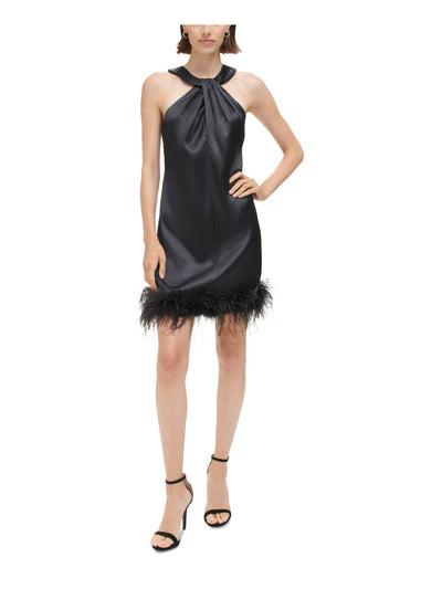 ELIZA J Womens Black Pleated Zippered Twisted Halter Neck Feather Trim Sleeveless Short Party Shift Dress 6