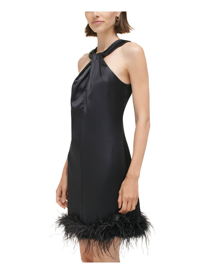 ELIZA J Womens Black Pleated Zippered Twisted Halter Neck Feather Trim Sleeveless Short Party Shift Dress 6