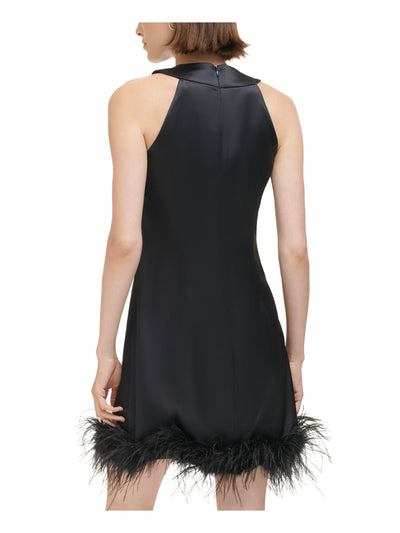ELIZA J Womens Black Pleated Zippered Twisted Halter Neck Feather Trim Sleeveless Short Party Shift Dress 6