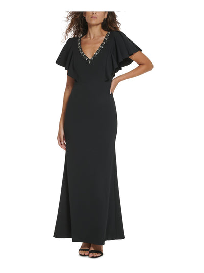 VINCE CAMUTO Womens Black Beaded Zippered Padded Lined Flutter Sleeve V Neck Full-Length Evening Gown Dress 2
