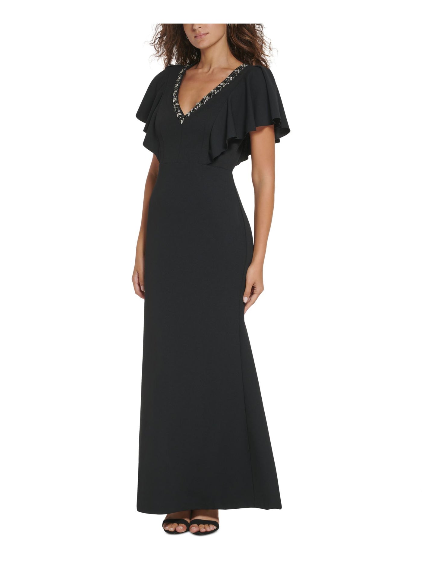 VINCE CAMUTO Womens Black Beaded Zippered Padded Lined Flutter Sleeve V Neck Full-Length Evening Gown Dress 4