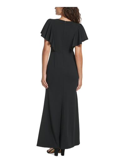 VINCE CAMUTO Womens Black Beaded Zippered Padded Lined Flutter Sleeve V Neck Full-Length Evening Gown Dress 2