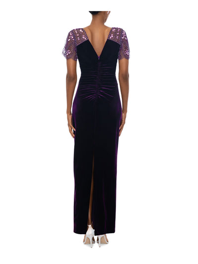 XSCAPE Womens Purple Pleated Zippered Beaded Short Sleeves Ruched V Neck Full-Length Formal Gown Dress 8