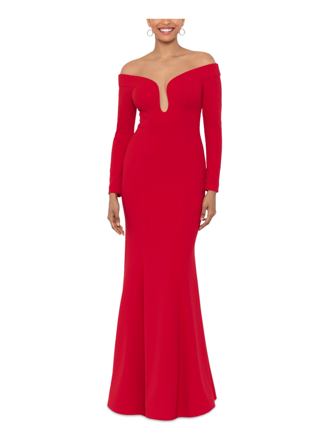 XSCAPE Womens Red Zippered Lined Off The Shoulder Keyhole Long Sleeve Illusion Neckline Full-Length Gown Dress 4