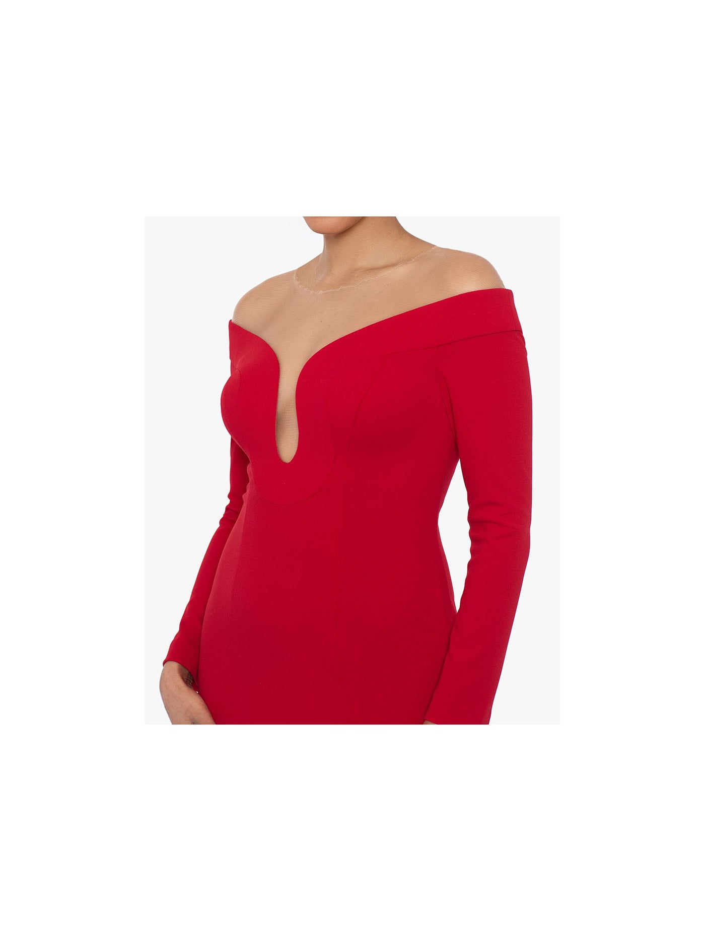 XSCAPE Womens Red Zippered Lined Off The Shoulder Keyhole Long Sleeve Illusion Neckline Full-Length Gown Dress 4