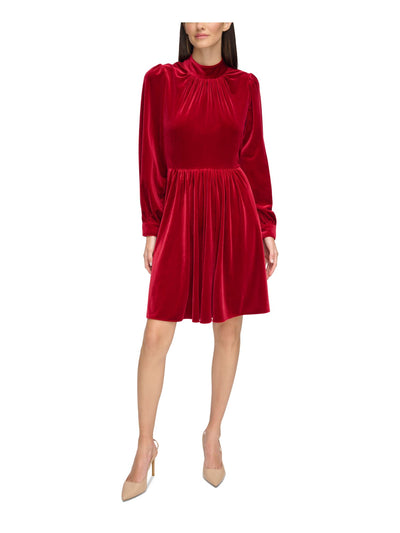 CALVIN KLEIN Womens Red Gathered Zippered Lined Cuffed Sleeve Mock Neck Above The Knee Party Fit + Flare Dress 2
