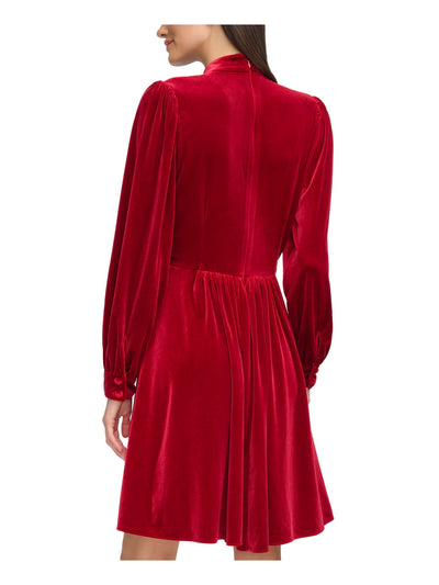 CALVIN KLEIN Womens Red Gathered Zippered Lined Cuffed Sleeve Mock Neck Above The Knee Party Fit + Flare Dress 4