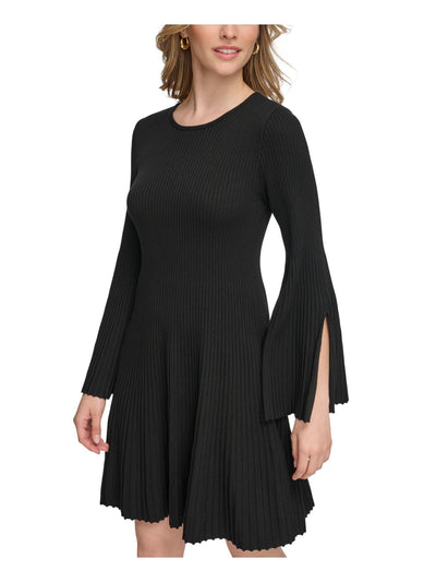 CALVIN KLEIN Womens Black Ribbed Slit Sleeves Bell Sleeve Round Neck Above The Knee Fit + Flare Dress S