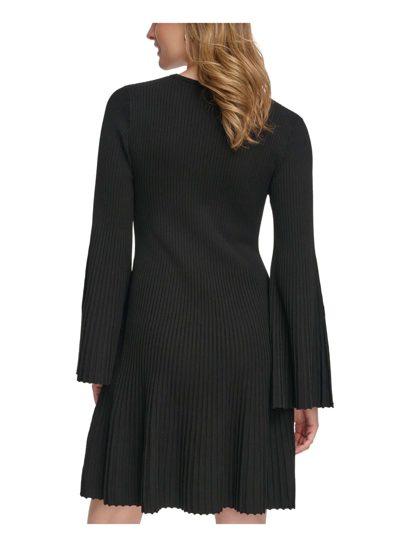 CALVIN KLEIN Womens Black Ribbed Slit Sleeves Bell Sleeve Round Neck Above The Knee Fit + Flare Dress S