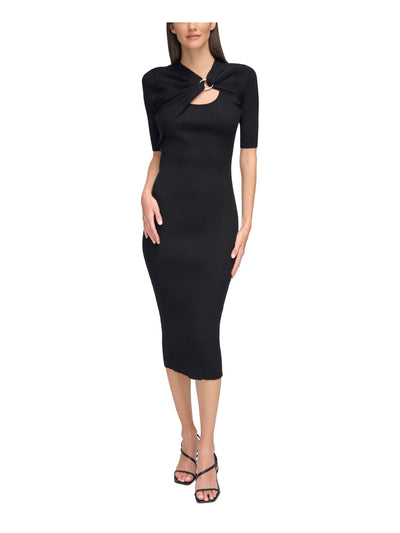 CALVIN KLEIN Womens Knit Ribbed Short Sleeve Asymmetrical Neckline Midi Cocktail Sweater Dress