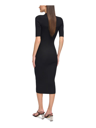 CALVIN KLEIN Womens Black Knit Ribbed Hardware Detail Short Sleeve Asymmetrical Neckline Midi Cocktail Sweater Dress L