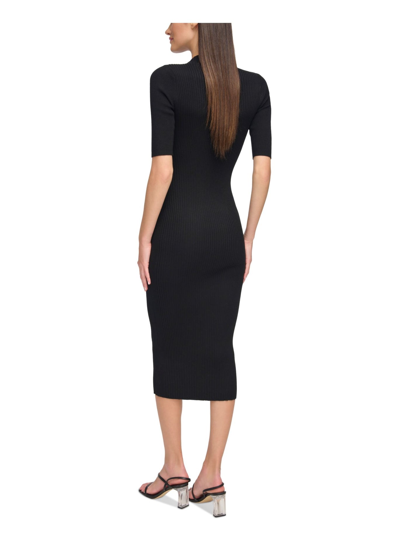 CALVIN KLEIN Womens Knit Ribbed Short Sleeve Asymmetrical Neckline Midi Cocktail Sweater Dress