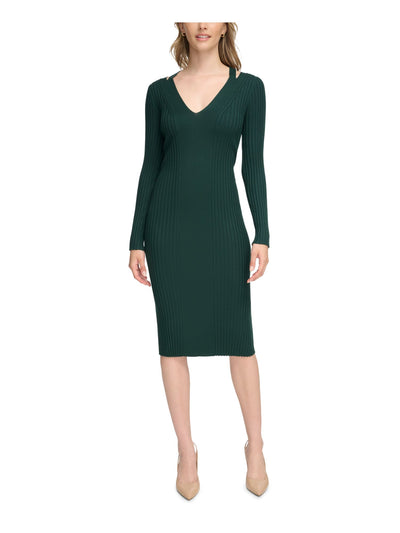 CALVIN KLEIN Womens Green Cut Out Ribbed Pullover Long Sleeve V Neck Below The Knee Sweater Dress L