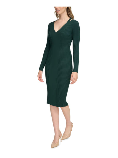 CALVIN KLEIN Womens Green Cut Out Ribbed Pullover Long Sleeve V Neck Below The Knee Sweater Dress M