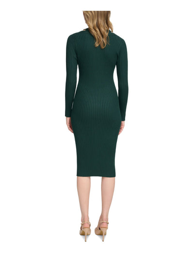 CALVIN KLEIN Womens Green Cut Out Ribbed Pullover Long Sleeve V Neck Below The Knee Sweater Dress L