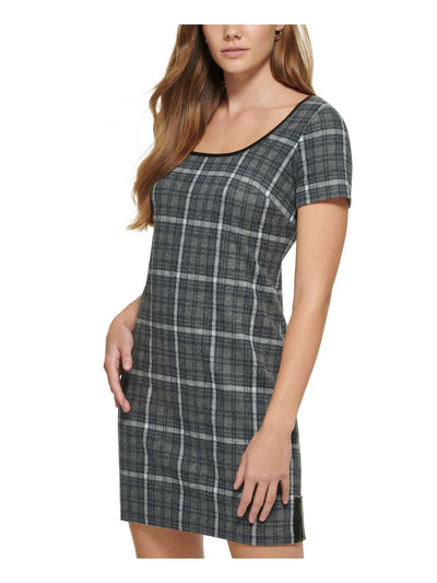 CALVIN KLEIN Womens Gray Zippered Unlined Plaid Short Sleeve Scoop Neck Short Party Sheath Dress 8