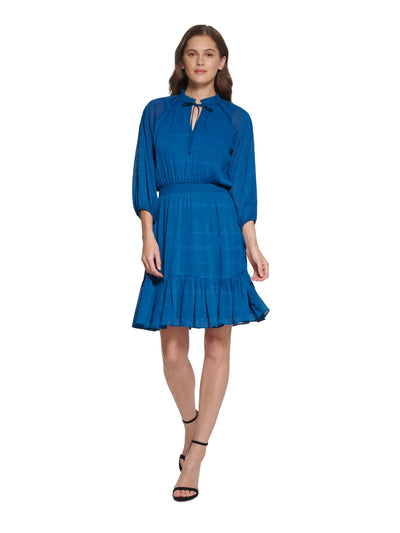 DKNY Womens Blue Ruffled Tie Smocked Waist Lined Pullover Striped 3/4 Sleeve Split Above The Knee Wear To Work Fit + Flare Dress 2