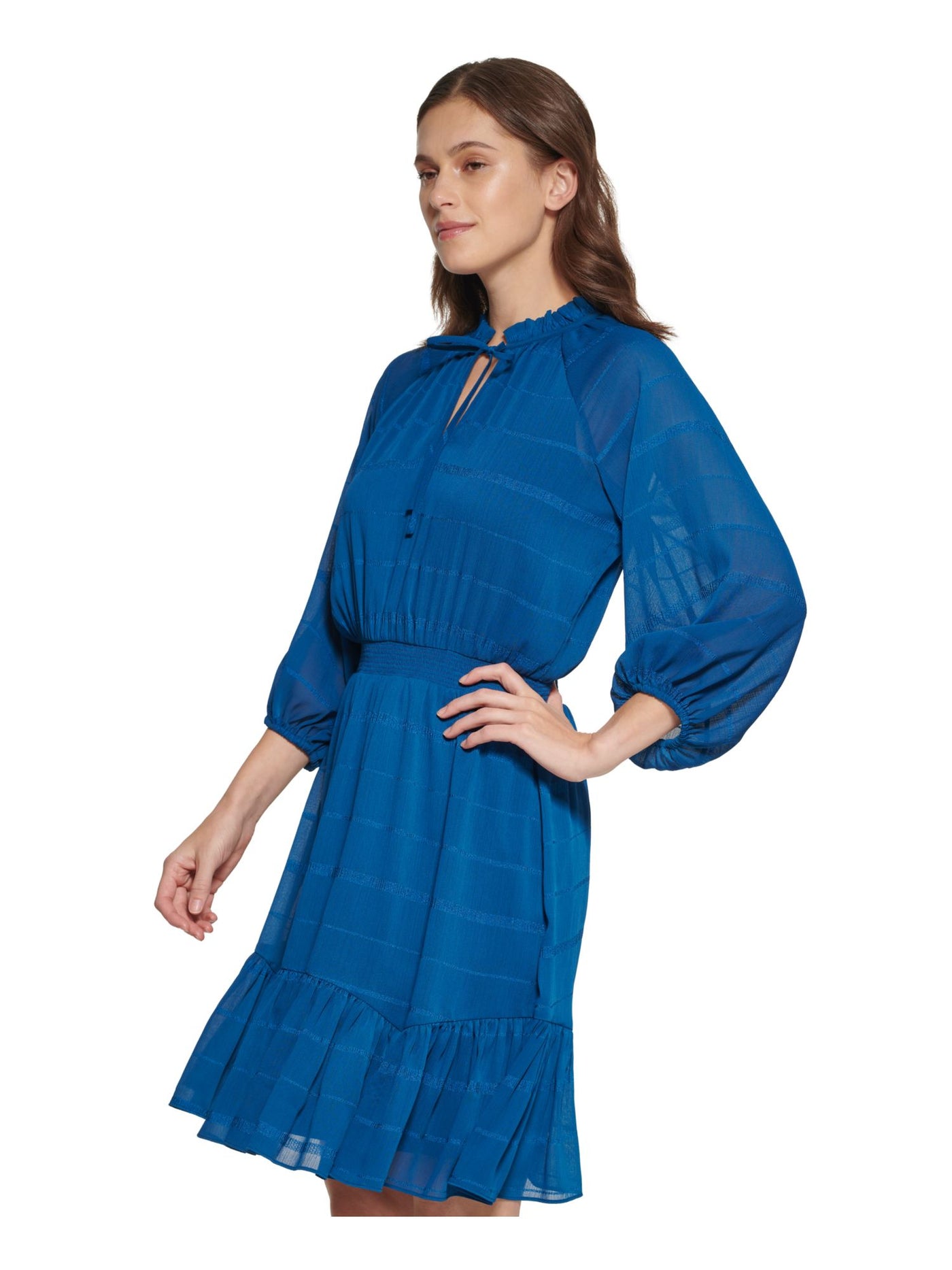 DKNY Womens Blue Ruffled Tie Smocked Waist Lined Pullover Striped 3/4 Sleeve Split Above The Knee Wear To Work Fit + Flare Dress 16