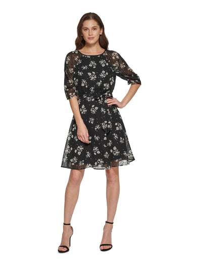 DKNY Womens Black Zippered Lined Self-tie Belt Floral Elbow Sleeve Round Neck Above The Knee Wear To Work Fit + Flare Dress 16