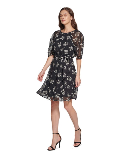 DKNY Womens Black Zippered Lined Self-tie Belt Floral Elbow Sleeve Round Neck Above The Knee Wear To Work Fit + Flare Dress 6