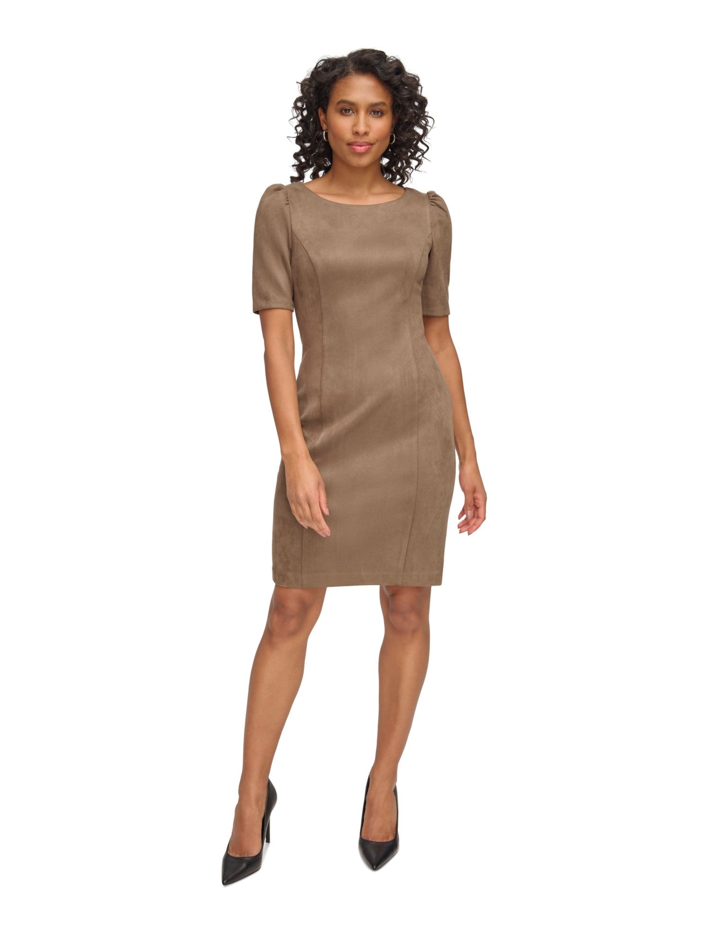 DKNY Womens Brown Zippered Faux-suede Pouf Sleeve Round Neck Above The Knee Wear To Work Sheath Dress 2