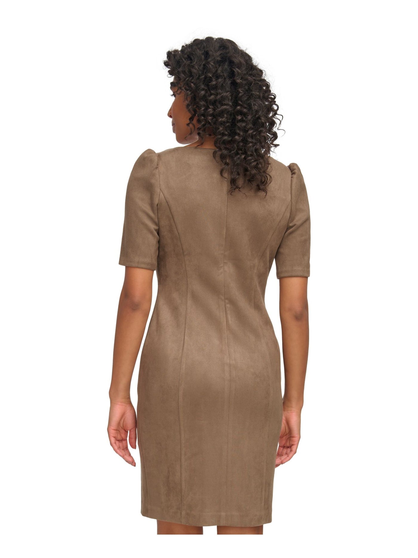 DKNY Womens Brown Zippered Faux-suede Pouf Sleeve Round Neck Above The Knee Wear To Work Sheath Dress 2