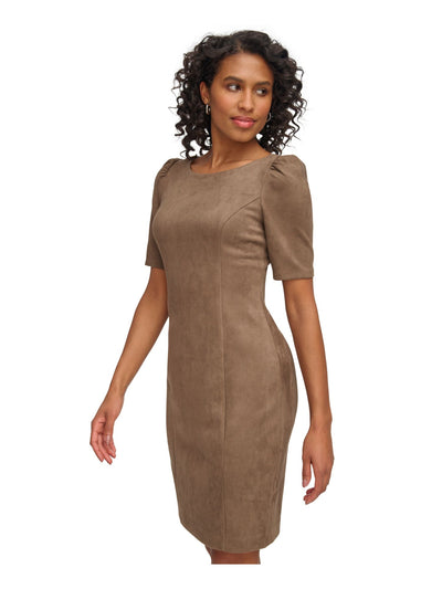 DKNY Womens Brown Zippered Faux-suede Pouf Sleeve Round Neck Above The Knee Wear To Work Sheath Dress 2