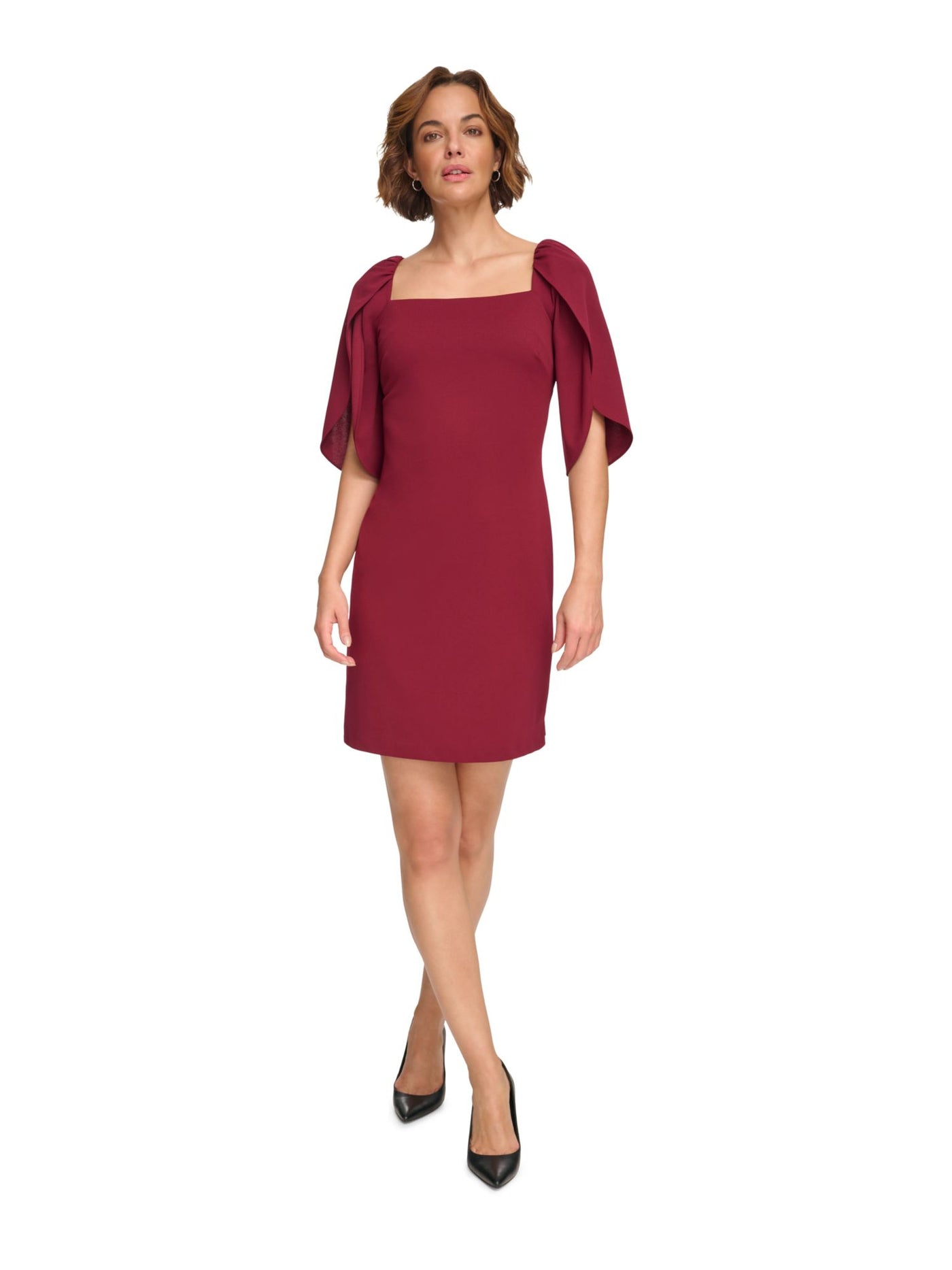 DKNY Womens Burgundy Zippered Tulip Sleeve Square Neck Above The Knee Party Sheath Dress 12