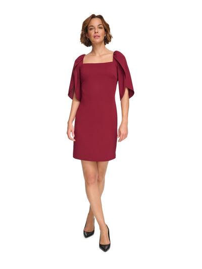 DKNY Womens Maroon Zippered Tulip Sleeve Square Neck Above The Knee Party Sheath Dress 14