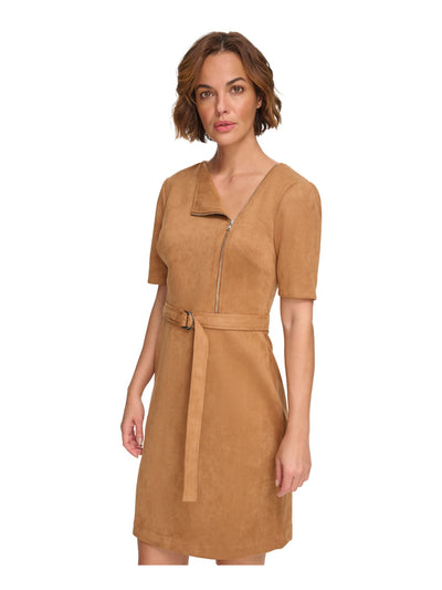 DKNY Womens Brown Zippered Belted Zip Accent Short Sleeve Asymmetrical Neckline Above The Knee Cocktail Shift Dress 8