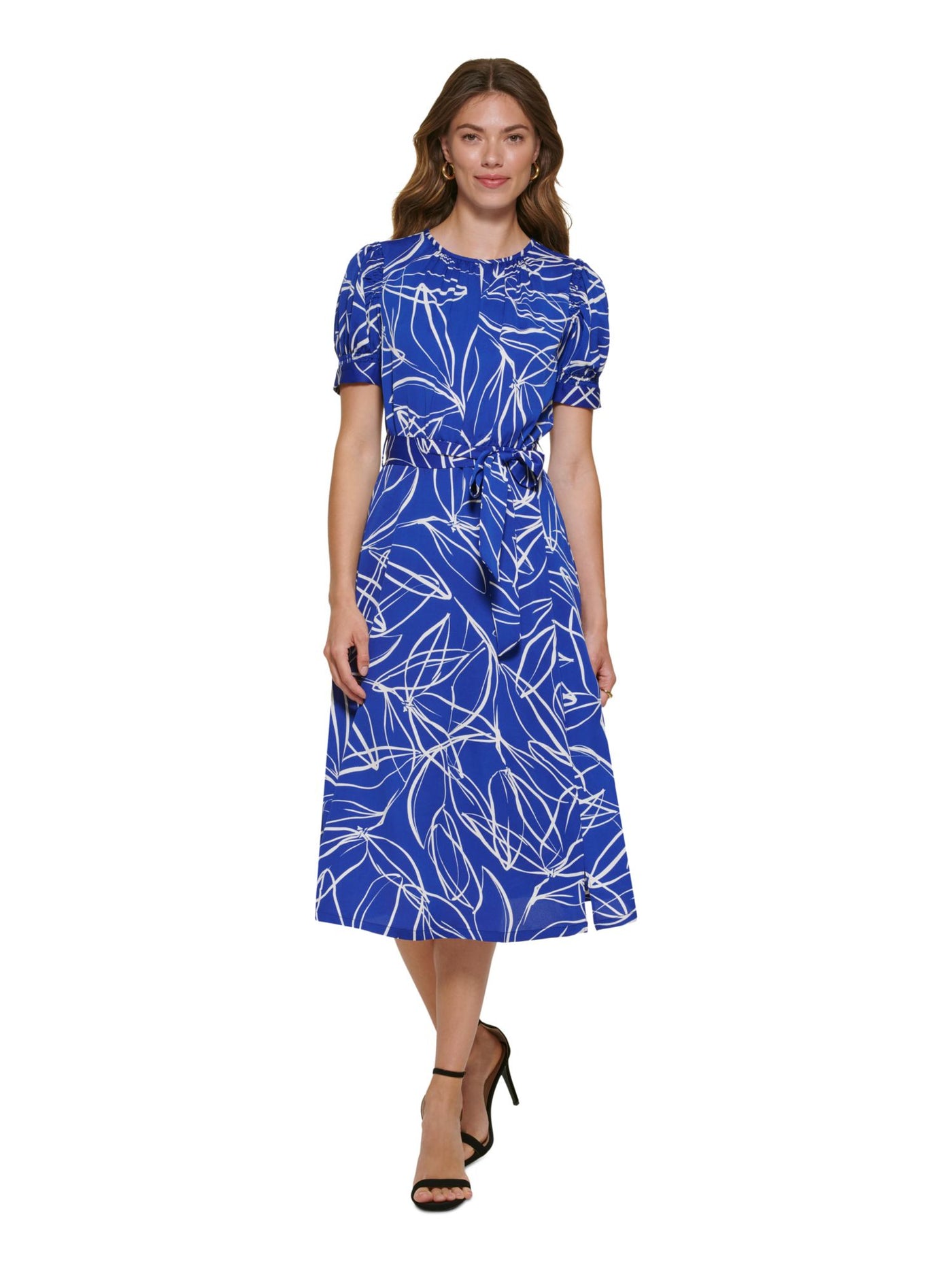 DKNY Womens Blue Zippered Slitted Keyhole Back Self-tie Belt Printed Pouf Sleeve Round Neck Midi Wear To Work Fit + Flare Dress 10