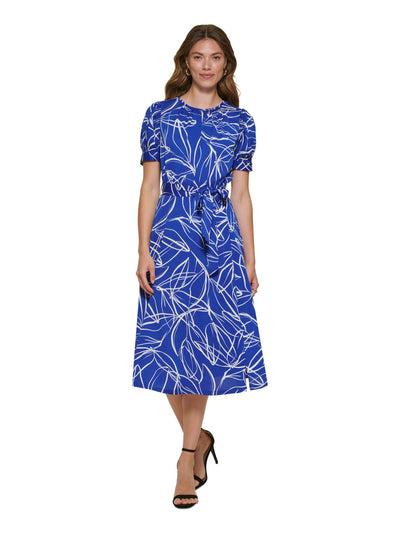 DKNY Womens Blue Zippered Slitted Keyhole Back Self-tie Belt Printed Pouf Sleeve Round Neck Midi Wear To Work Fit + Flare Dress 2