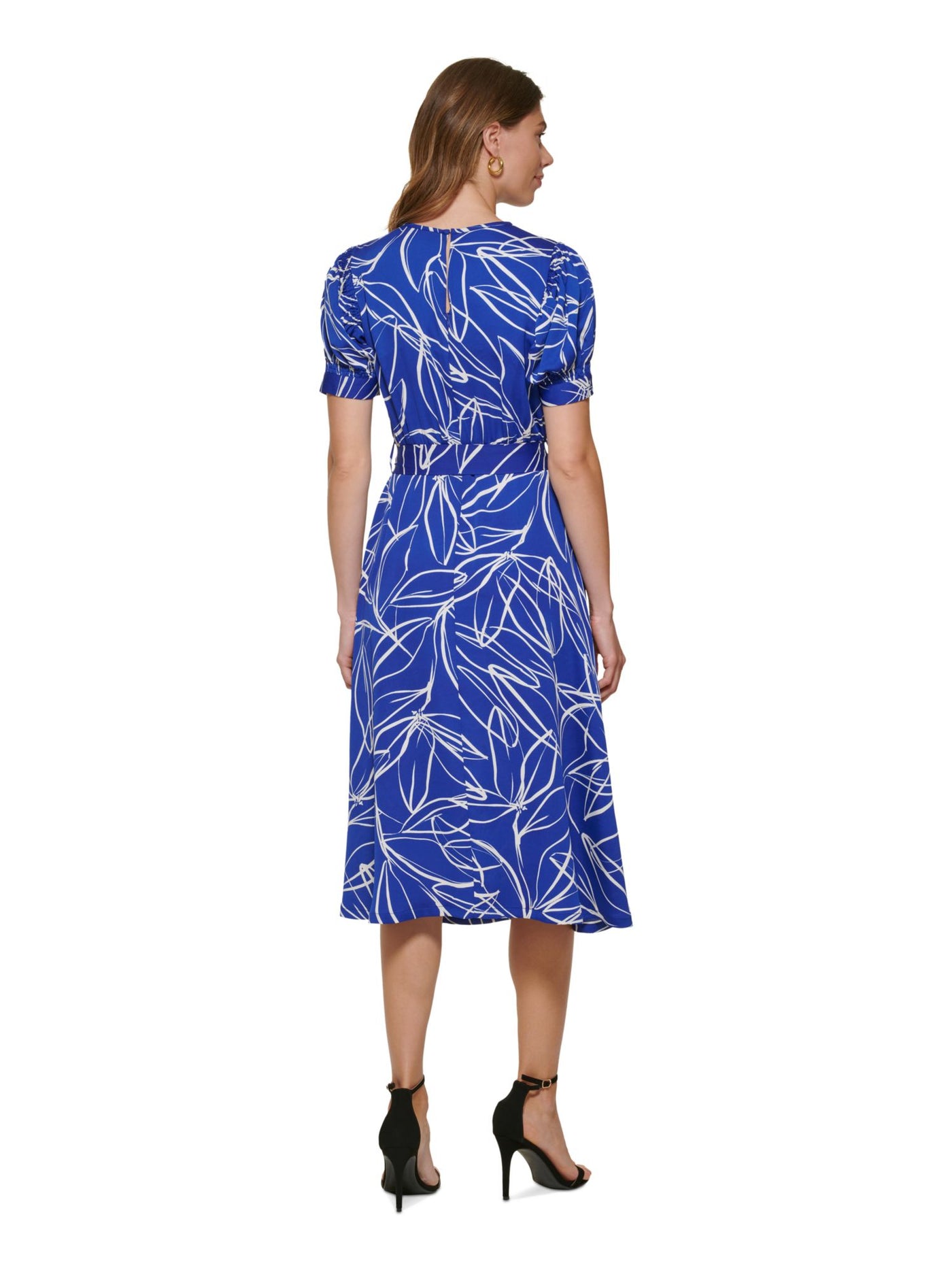 DKNY Womens Blue Zippered Slitted Keyhole Back Self-tie Belt Printed Pouf Sleeve Round Neck Midi Wear To Work Fit + Flare Dress 10