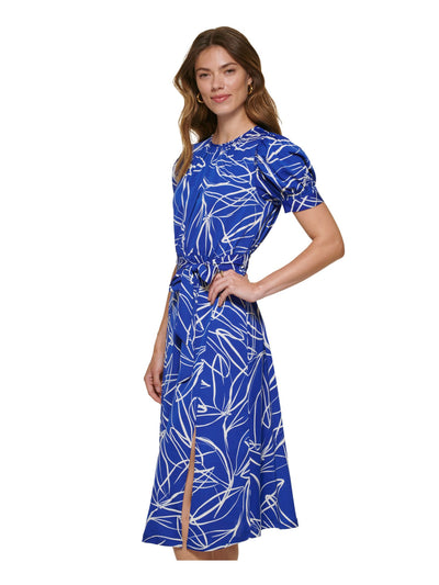 DKNY Womens Blue Zippered Slitted Keyhole Back Self-tie Belt Printed Pouf Sleeve Round Neck Midi Wear To Work Fit + Flare Dress 10