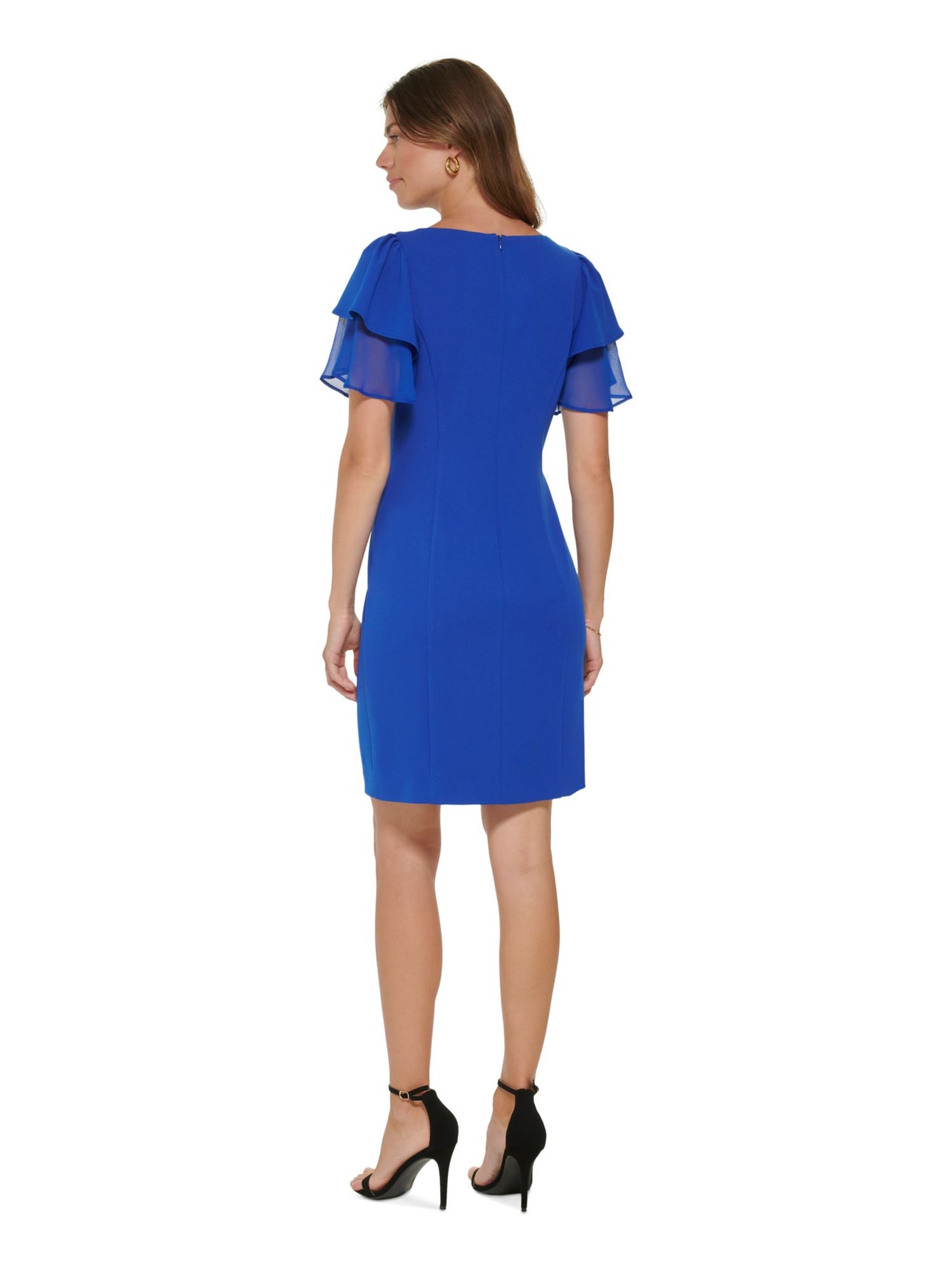 DKNY Womens Blue Zippered Flutter Sleeve Round Neck Above The Knee Wear To Work Sheath Dress 6