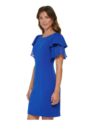 DKNY Womens Blue Zippered Flutter Sleeve Round Neck Above The Knee Wear To Work Sheath Dress 6