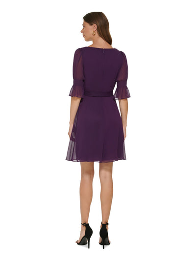 DKNY Womens Purple Zippered Lined Ruffled Cuffs Self-tie Belt Pouf Sleeve Round Neck Above The Knee Wear To Work Fit + Flare Dress 6